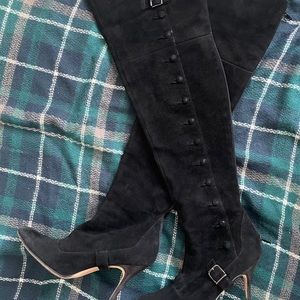 Manolo Blahnik Black Suede Over knee Boots Sz 38